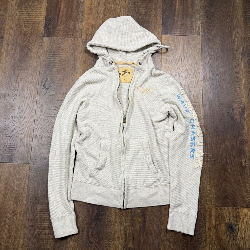 Y2K Hollister Women's Large Full Zip Hoodie Cream Waffle Knit Embroidered